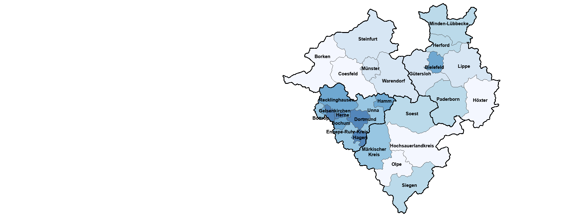 Karte zeigt die Arbeitslosenquote in Westfalen auf Ebene der Kreise im Jahr 2024