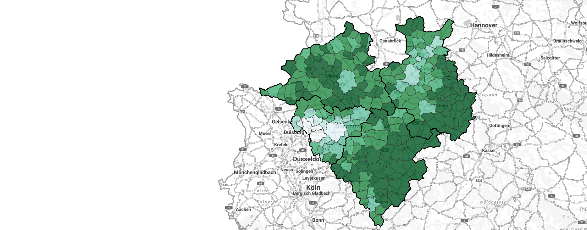Karte zeigt den Anteil der Vegetations- an der Gesamtfläche im Jahr 2020 auf Ebene der Gemeinden