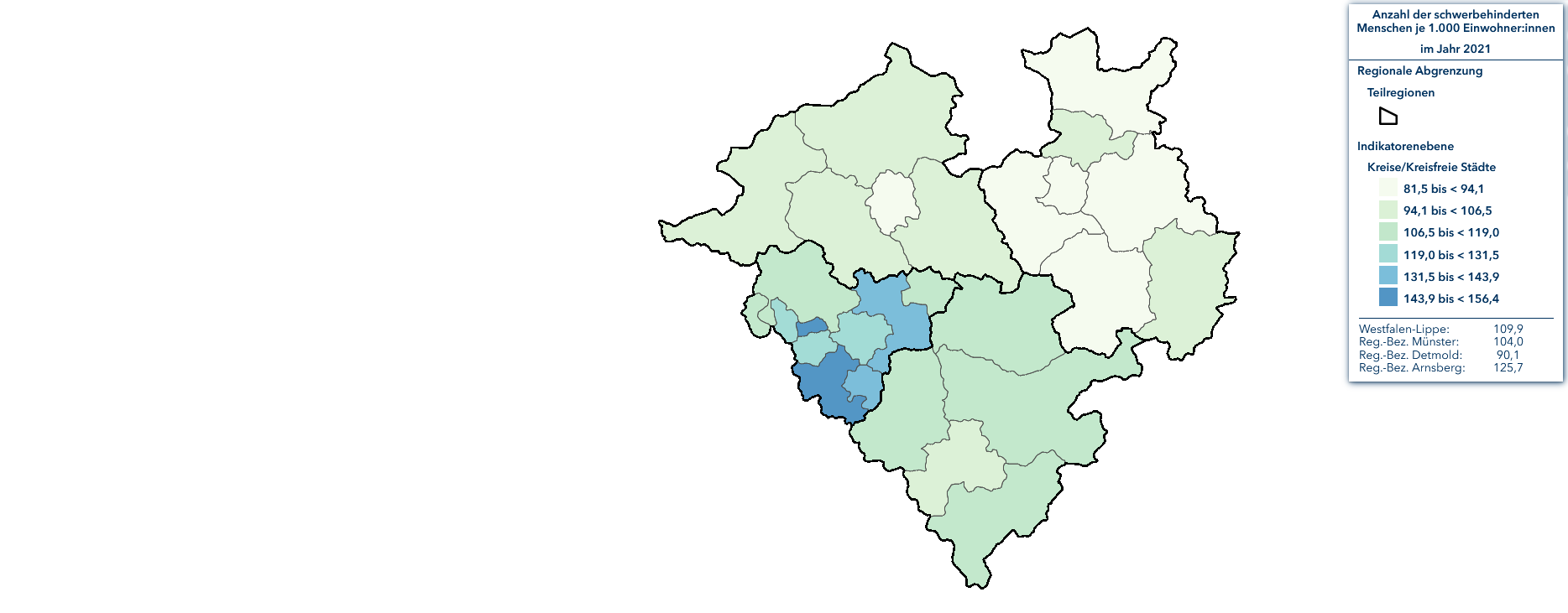 Karte zeigt die Anzahl schwerbehinderter Menschen je 1.000 Einwohner:innen in den Kreisen und kreisfreien Städten im Jahr 2021