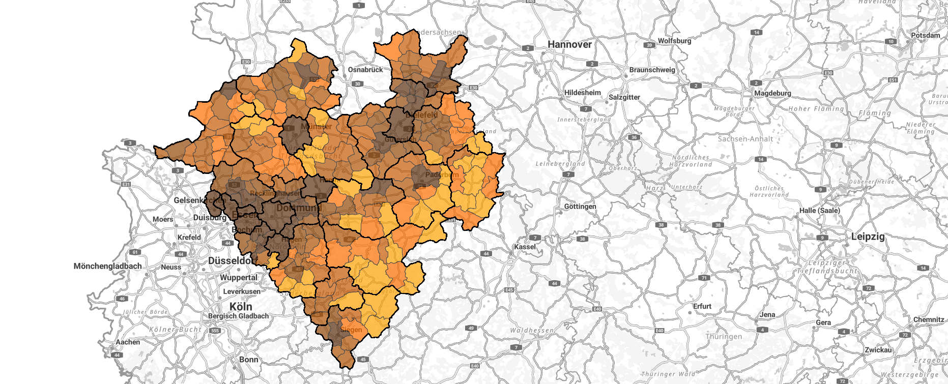 Karte zeigt den Anteil der Siedlungs- und Verkehrs- an der Gesamtfläche im Jahr 2021 in den Kreisen und kreisfreien Städten