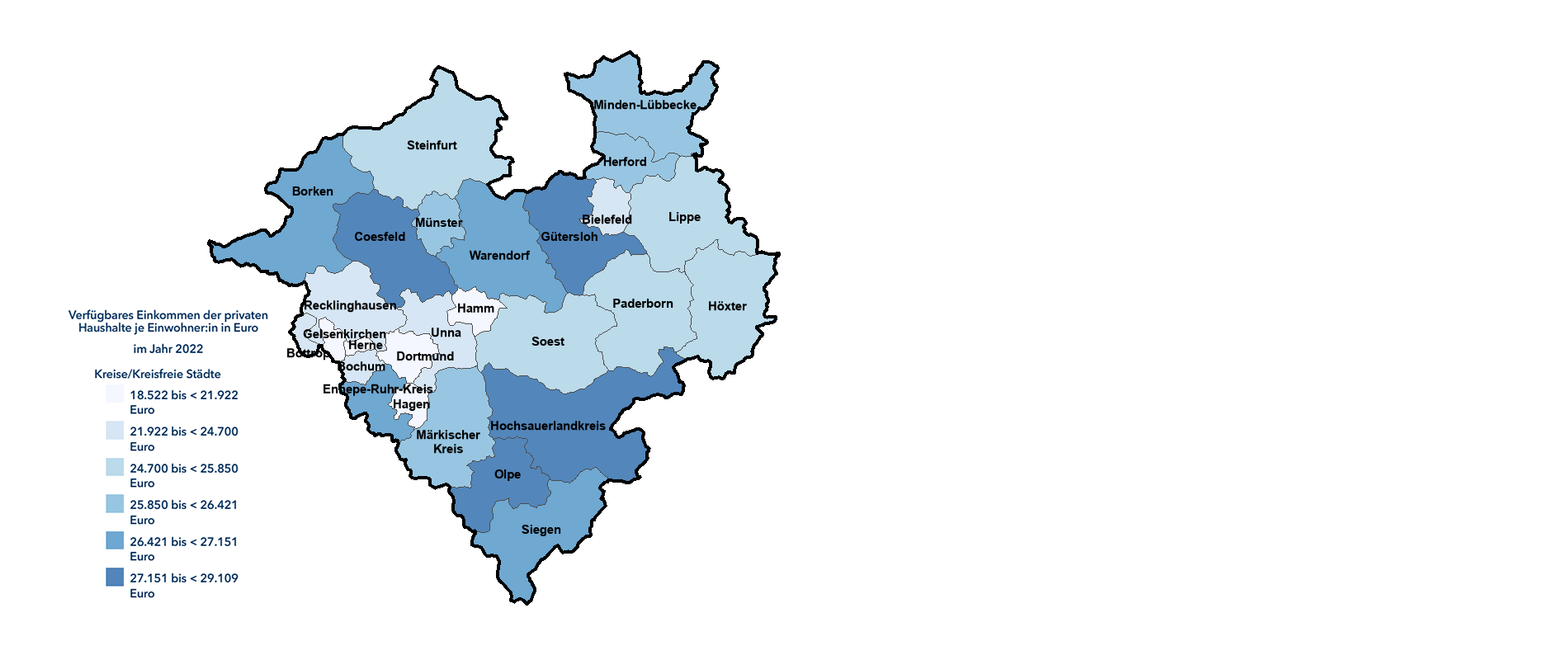 Karte zeigt das verfügbare Einkommen der Haushalte je Einwohner:in im Jahr 2022
