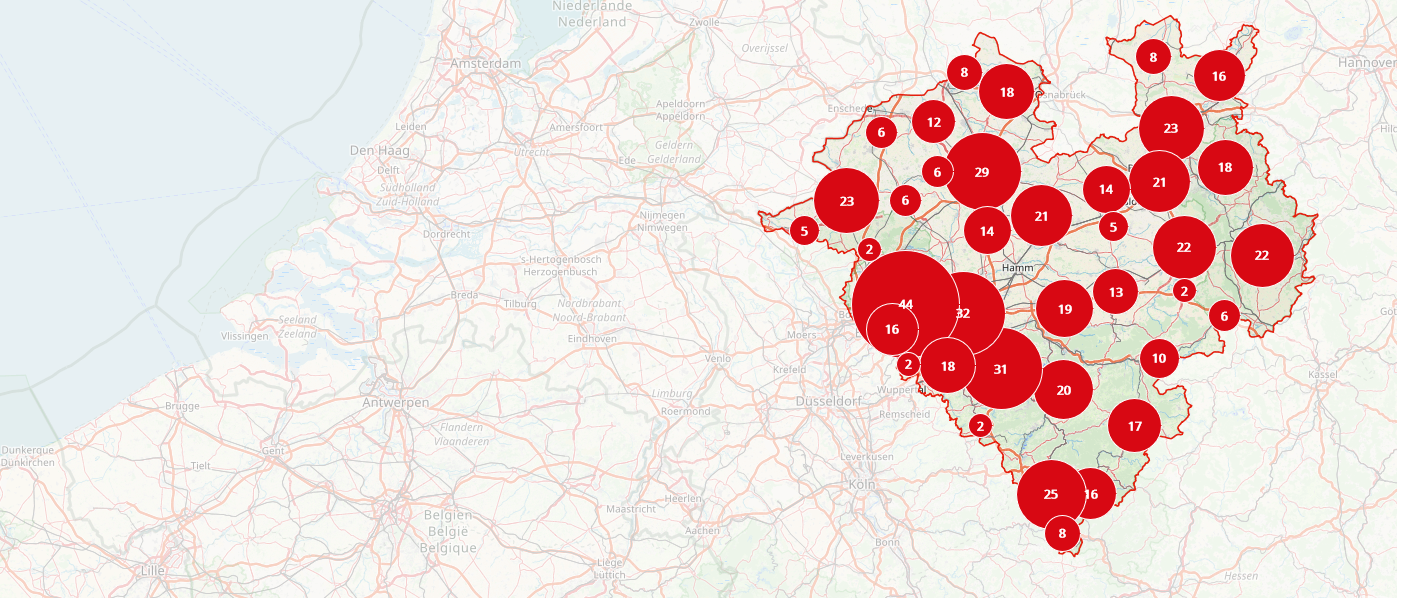 Karte zeigt die Zahl der Museen in verschiedenen Gebieten in Westfalen