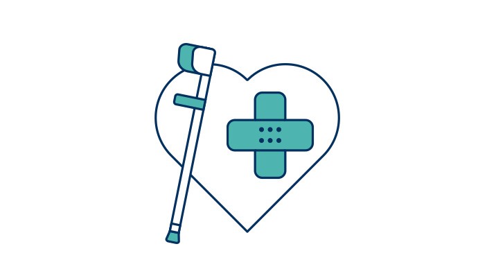 Grafik zeigt eine Gehhilfe und ein Herz mit einem Pflaster