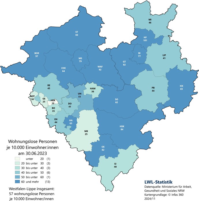 Karte zeigt die Zahl der wohnungslosen Menschen je 10.000 Einwohner:innen auf Kreisebene im Sommer 2023