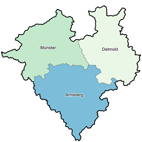 Karte zeigt Westfalen mit den drei Regierungsbezirken