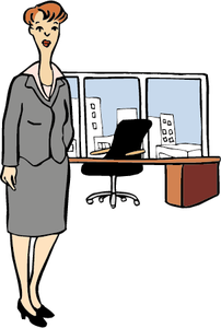 Eine Frau steht in einem Büro vor ihrem Schreibtisch