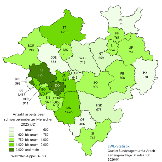 Karte der Anzahl arbeitsloser schwerbehinderter Menschen in Westfalen nach kreisfreien Städten und Kreisen