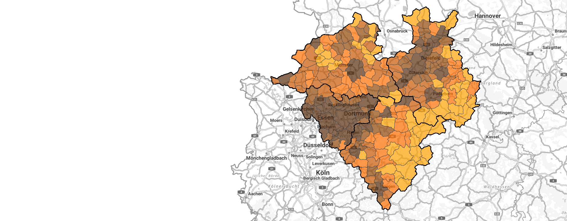 Karte zeigt die Bevölkerungsdichte in den Gemeinden Westfalens im Jahr 2020