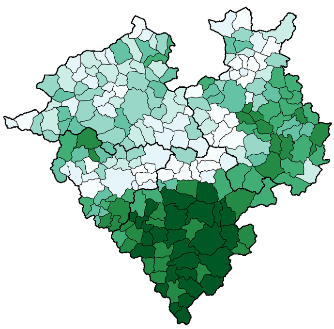 Karte zeigt den Anteil der Wald- an der Gesamtfläche im Jahr 2020 in den Gemeinden