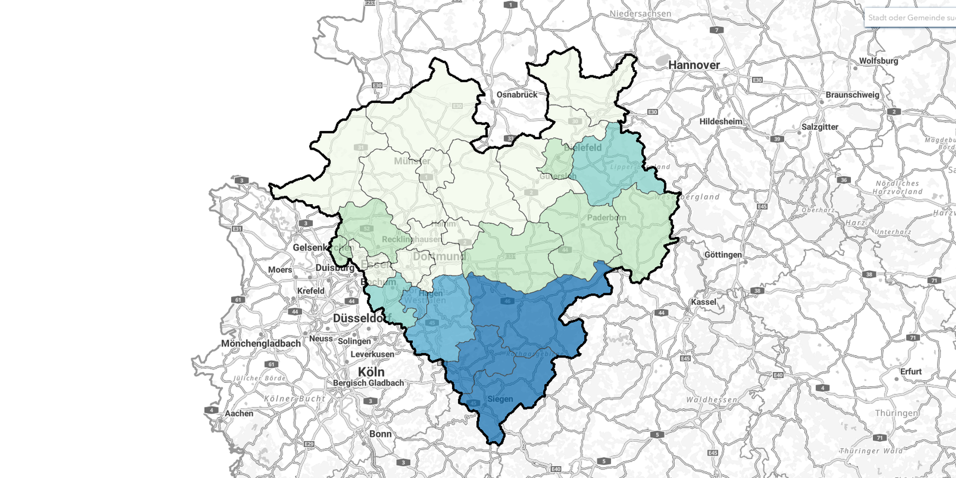 Karte zeigt Westfalen und die Kreise, Ausschnitt aus dem Statistikatlas