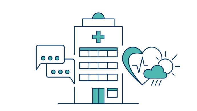 Grafik zeigt ein Krankenhaus, dazu Sprechblasen und ein Symbol für den Gesundheitszustand