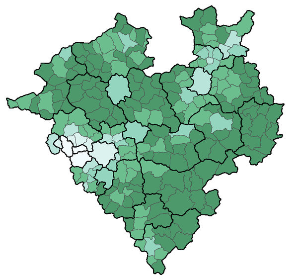 Karte zeigt den Anteil der Vegetations- an der Gesamtfläche in den Gemeinden im Jahr 2020
