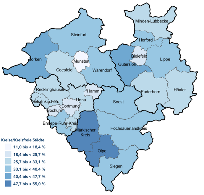 Karte zeigt den Anteil des produzierenden Gewerbes an der Wertschöpfung in den Kreisen und kreisfreien Städten Westfalens im Jahr 2021