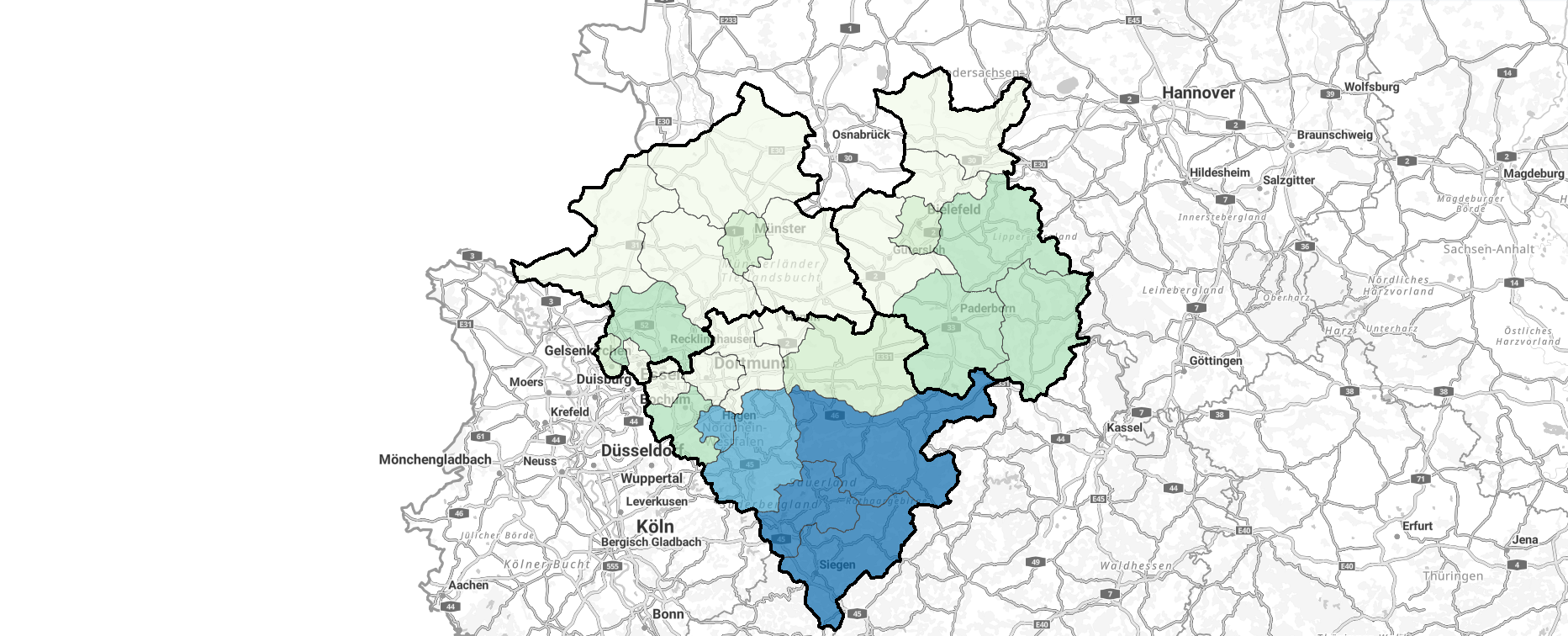 Karte zeigt einen Ausschnitt aus dem Statistikatlas (Westfalen mit Regierungsbezirken und Kreisen)