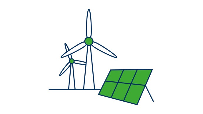 Grafik zeigt eine Fotovoltaikanlage und zwei Windräder