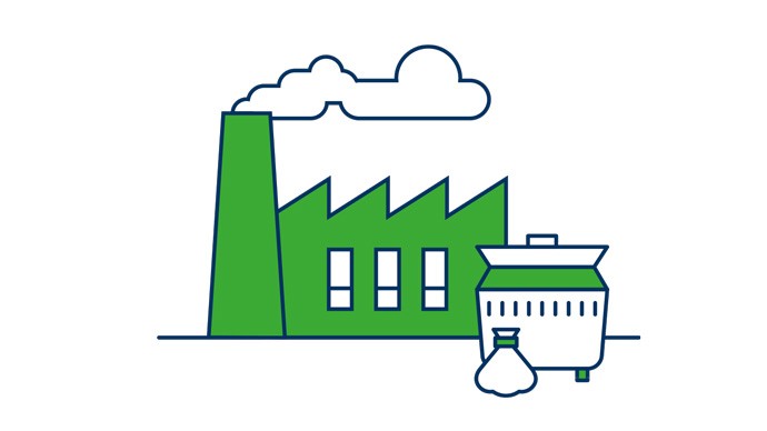 Grafik zeigt eine Fabrik und einen Abfallcontainer