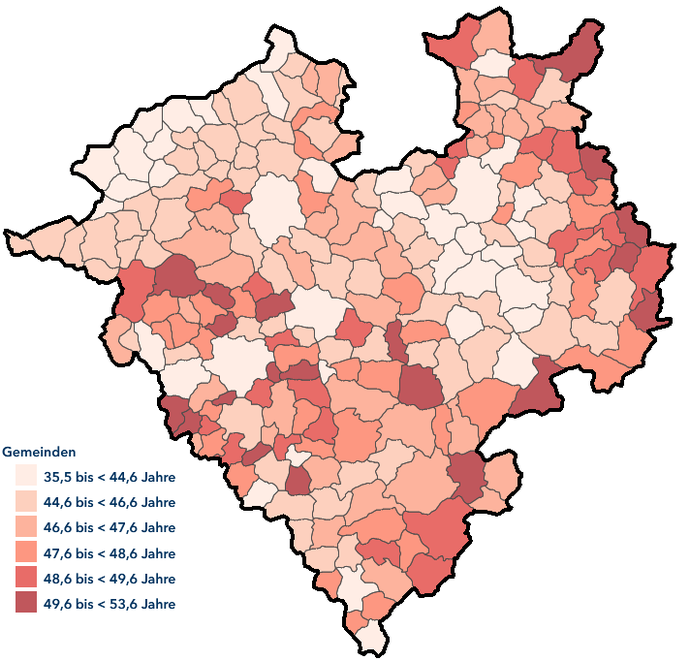 Karte zeigt das Medianalter der Bevölkerung in den westfälischen Gemeinden im Jahr 2020