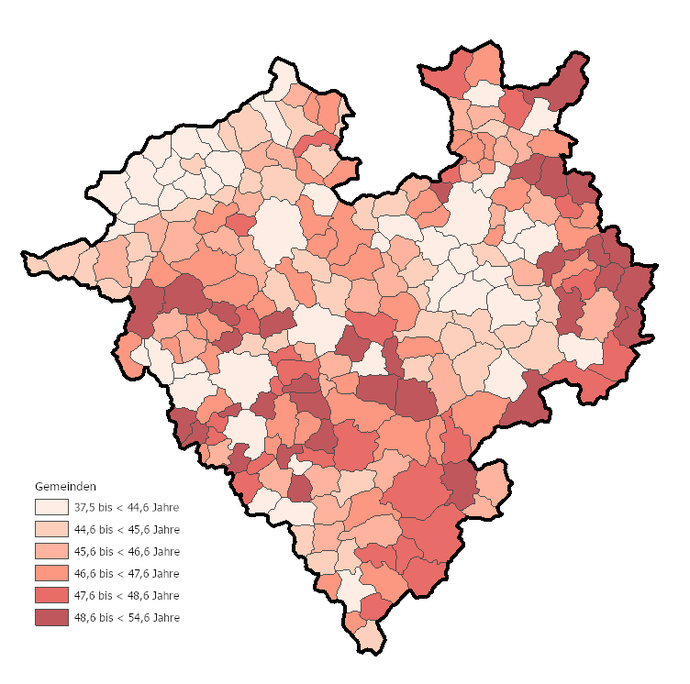 Karte zeigt das Medianalter der Bevölkerung in den westfälischen Gemeinden im Jahr 2024