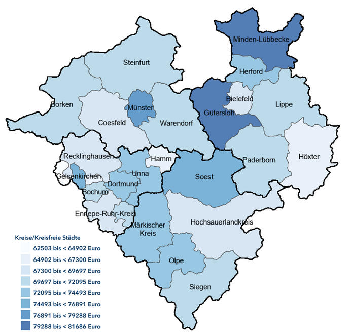 Karte zeigt das BIP je Erwerbstätigen in den Kreisen und kreisfreien Städten Westfalens im Jahr 2021