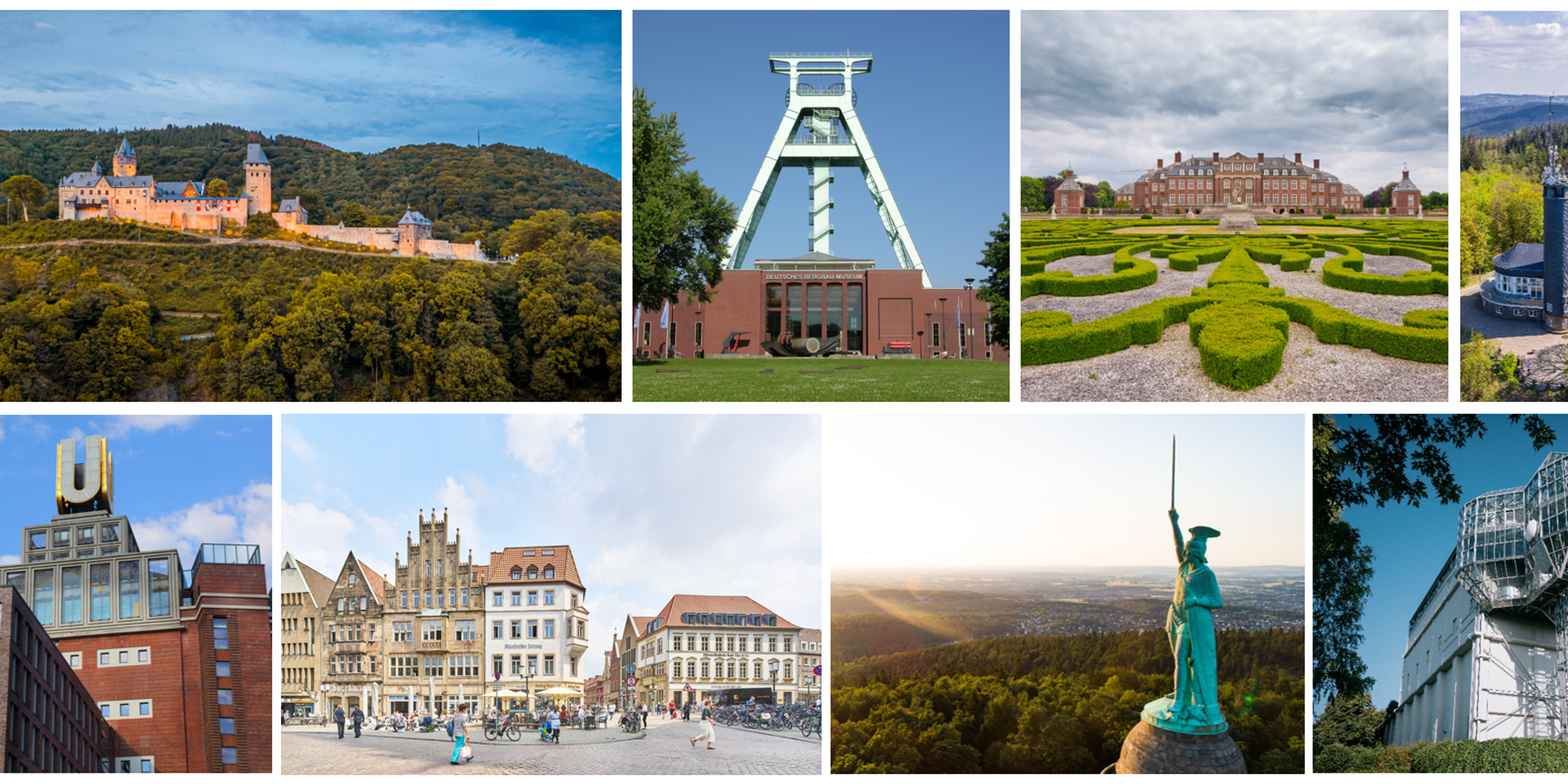 Mehrere Fotos zeigen die Vielfalt Westfalens, etwa das Hermanndenkmals, das Dortmunder U, die Burg Altena und die Münsteraner Innenstadt