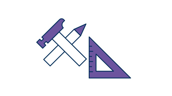Grafik zeigt einen Stift, einen Hammer und ein Geodreieck
