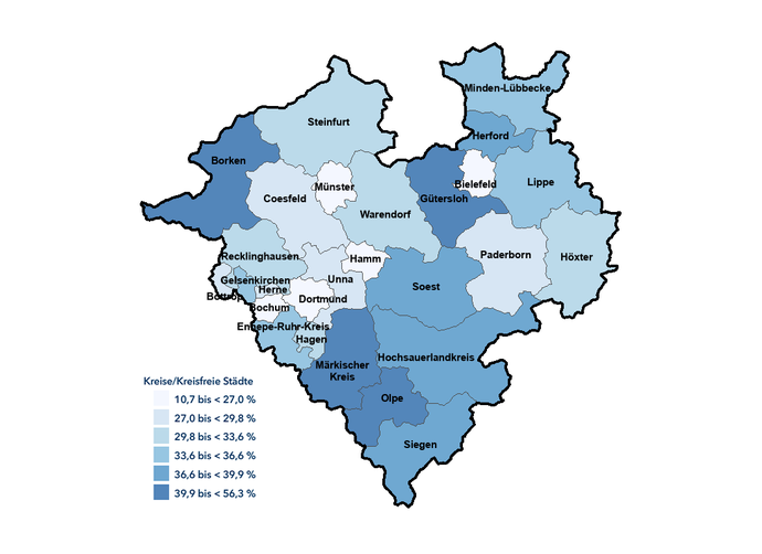 Karte zeigt den Anteil des produzierenden Gewerbes an der Wertschöpfung in den Kreisen und kreisfreien Städten Westfalens im Jahr 2022