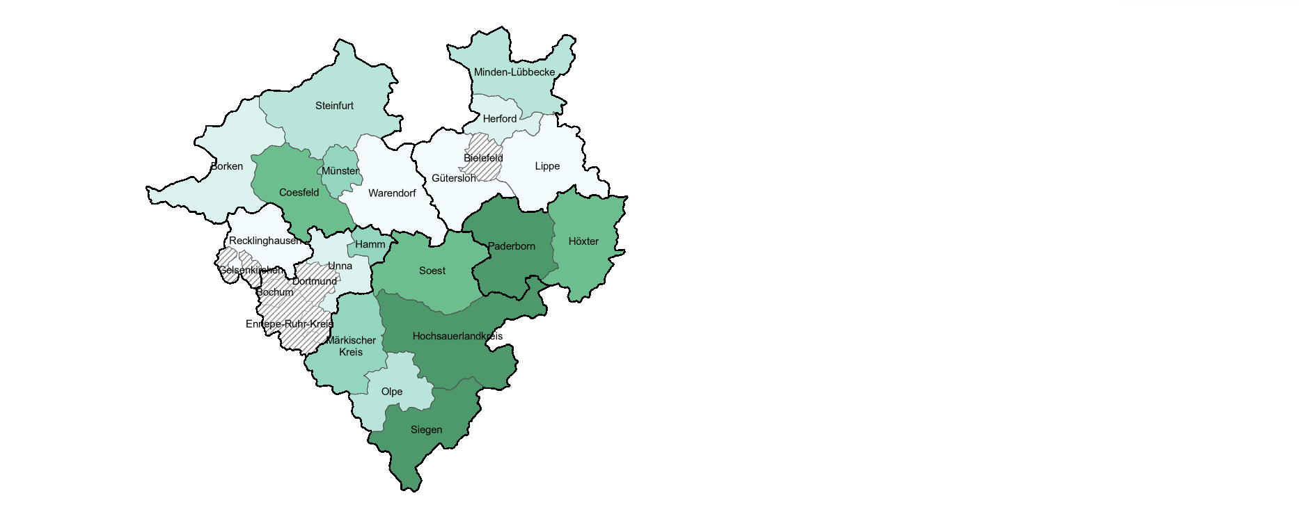 Karte zeigt den Anteil der Wildnisgebietsfläche an der Gesamtfläche Westfalens im Jahr 2022 auf Ebene der Kreise und kreisfreien Städte
