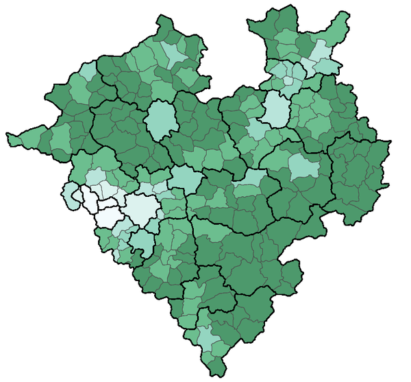 Karte zeigt den Anteil der Vegetations- an der Gesamtfläche in den Gemeinden im Jahr 2022