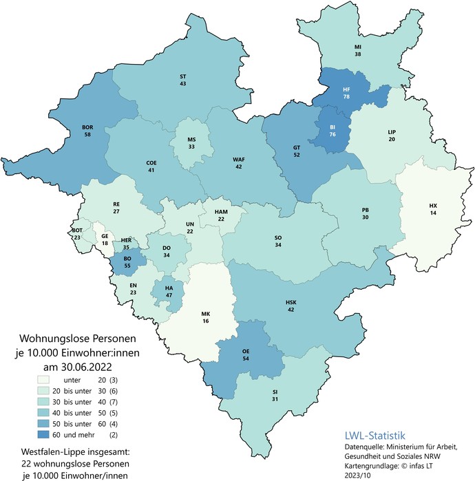 Karte zeigt die Zahl der wohnungslosen Menschen je 10.000 Einwohner:innen auf Kreisebene im Jahr 2022