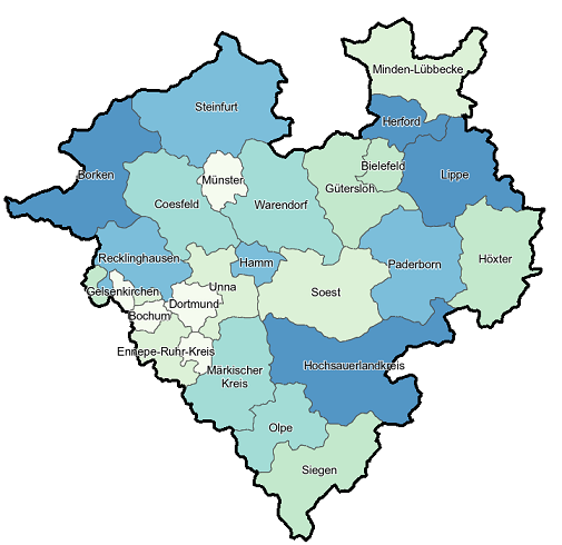 Karte zeigt Westfalen mit den Kreisen und kreisfreien Städten